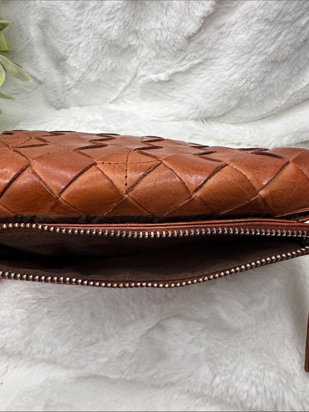 Handwoven Leather Clutch Wristlet in Cognac - Picture 4 of 7